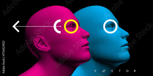 Two men with monocles. Digital human head. Stipple effect. Art event. 3D vector for advertising, banner, booklet, brochure, cover, flyer, invitation, placard, poster, presentation.