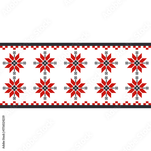 Traditional embroidered folk ornament pattern in black and red