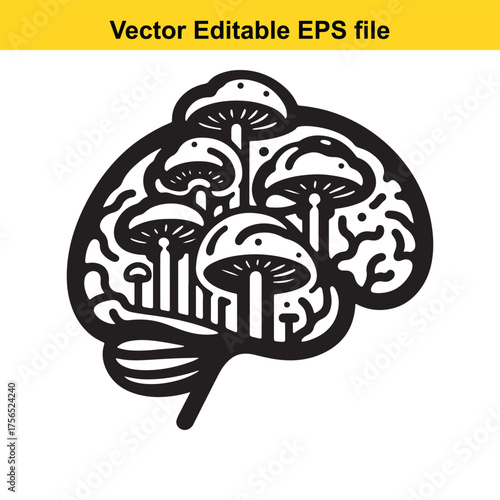  vector art of stylized black and white illustration of mushrooms growing inside a human brain silhouette