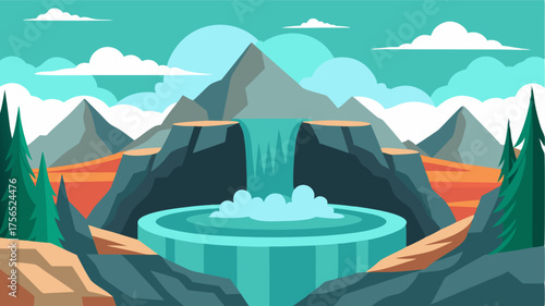 A hidden hot spring perched at the foot of a cascading waterfall offering a serene escape in the heart of the mountains.