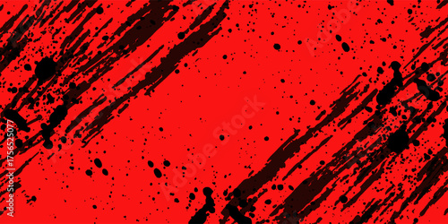 Textured background of black grunge brush strokes and mixed dots on a red background
