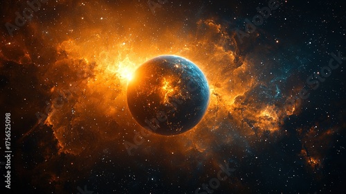 Vibrant Earth in Space with Fiery Nebula and Distant Stars.