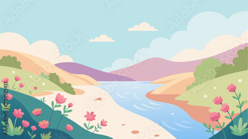 A picturesque riverbank awash in soft pastels courtesy of the dainty wildflowers that cover the landscape.