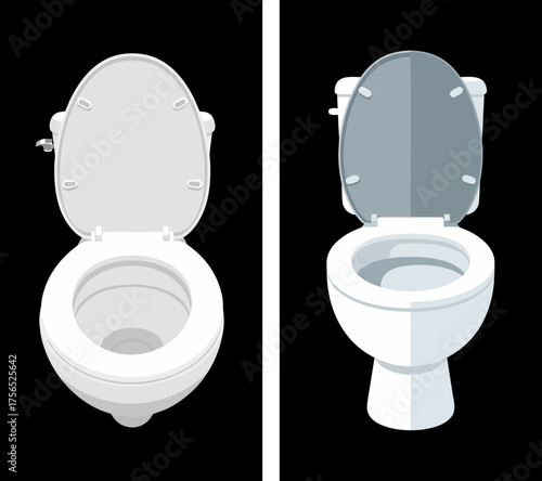Open toilet lids in black background, showing two styles of toilet, World Toilet Day, black background, isolated, vector