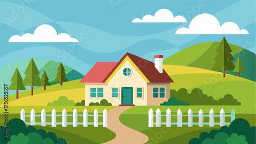 A cozy farmhouse with a white picket fence nestled a rolling hills and verdant fields.