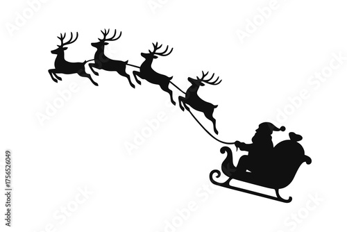 Black vector silhouette of Santa in a sleigh pulled by reindeers, flying in a curved path, minimalist festive design on white background.