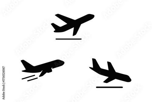 Black vector flat icons of airplanes in different flight stages, ideal for navigation, airport signage, and infographic illustrations.