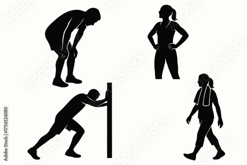 Set of four black vector silhouettes of male and female runners after exercise, including breathing, stretching, and recovery poses.