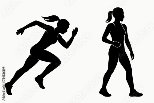 Two black vector silhouettes of athletic women running and slowing down, dynamic poses symbolizing strength, motion, and endurance.