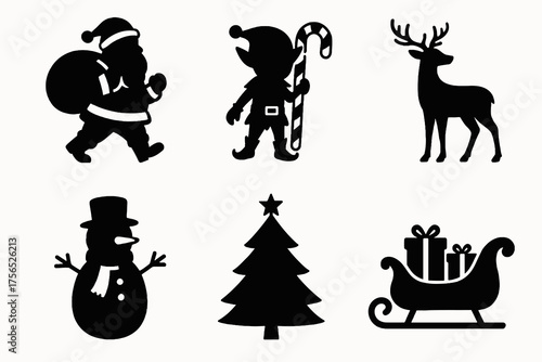 Set of six black vector silhouettes of Christmas characters, including Santa Claus, elf, reindeer, snowman, tree, and sleigh.