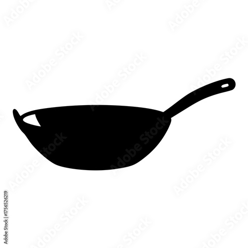 Black silhouette of a wok pan with handle on a white background