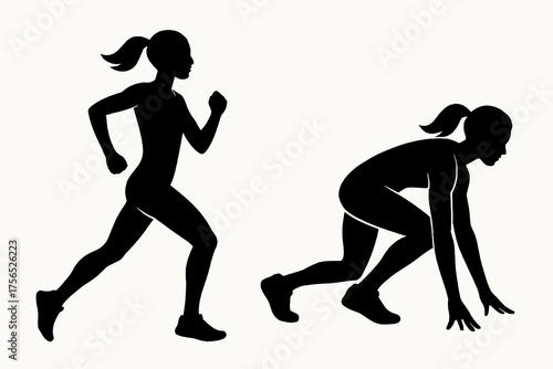Set of two black vector silhouettes of a slim athletic woman running and starting to sprint, minimal flat style on white background.