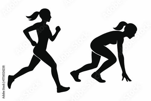 Black vector silhouettes of female runners in motion, showcasing athletic energy and healthy posture, perfect for fitness or sport design.