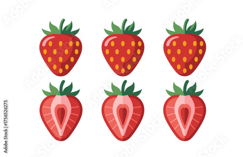Six strawberries in two rows on a white background flat vector design