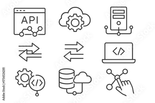 Collection of 9 linear icons about web automation and backend development, featuring databases, data flow, and system infrastructure.