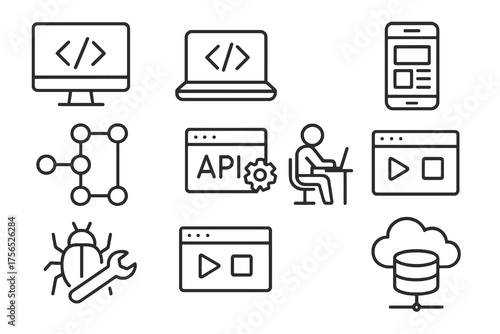 Collection of 9 linear icons about software development, featuring coders, scripts, and debugging tools for mobile and web apps.