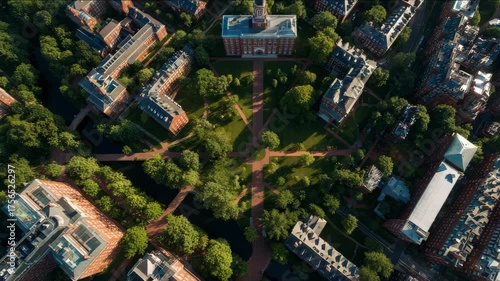 A stunning aerial view of a classic college campus with beautiful architecture and serene green spaces.