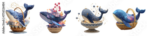 Enchanting collection of whimsical whale figurines, each uniquely decorated and presented in charming baskets and dishes, perfect for creative projects and home décor