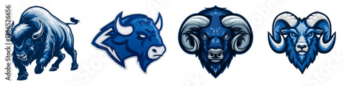 Powerful blue bison and ram mascot emblem set for sports teams and university logos, showcasing strength and determination, perfect for branding and competitive spirit