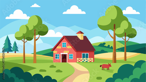 A peaceful and picturesque scene of a farmhouse surrounded by green pastures and grazing cattle.