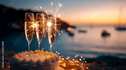 Celebrate life's special moments with sparkling champagne and a festive cake against a stunning sunset ocean backdrop