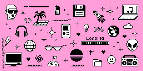 Pixel art y2k vector icons with retro computer, alien, and sunglasses on a pink background for vintage game concept.