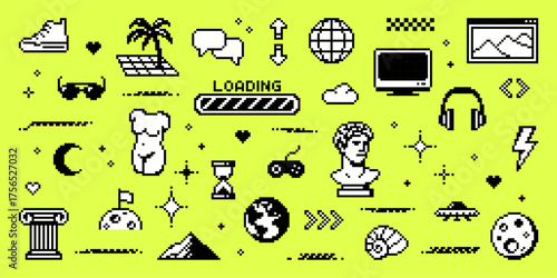 Abstract pixel art y2k vector collection with internet, culture and nature elements. Trendy 8-bit digital graphics for gaming and retro design.
