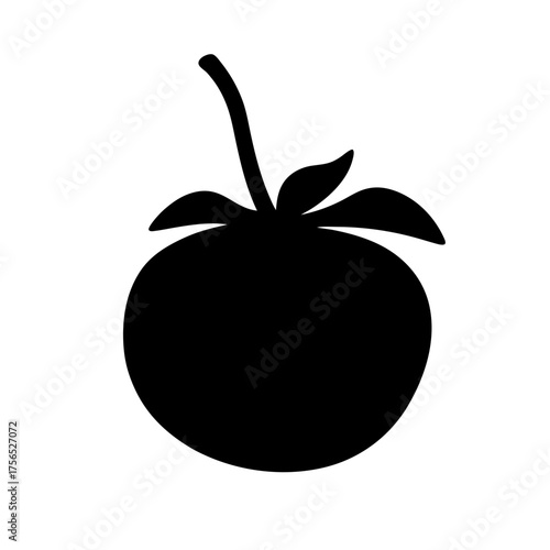 A minimalist silhouette of a tomato with stem and leaf details