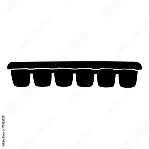 Monochrome illustration of a plastic container with six compartments for seedlings or ice