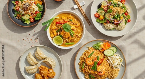 Variety of Delicious Dishes Dumplings, Pad Thai, Salads, and Curries