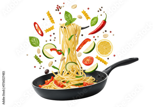 Freshly cooked Italian spaghetti with zucchini, bell peppers, and cherry tomatoes in a dark non-stick pan, tossed dynamically, ingredients suspended on white, enticing food advertising concept