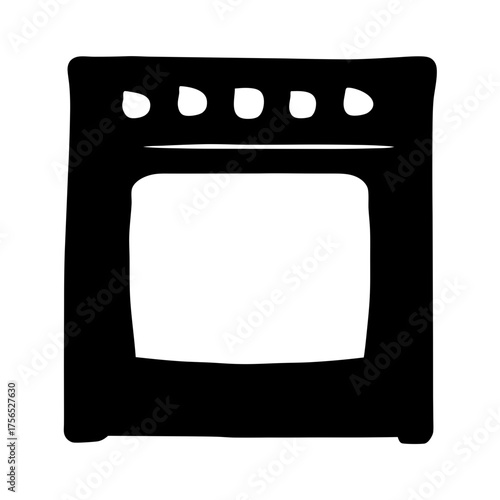 Stylized black and white cartoon drawing of an oven and stovetop appliance