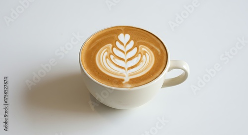 Single ceramic cup of aromatic hot latte coffee with a rosetta art design on a clean white table