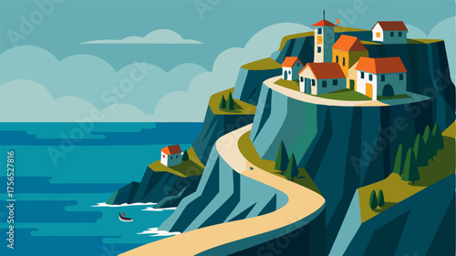 A coastal village nestled between towering cliffs the only access a winding road carved into the rocky landscape.