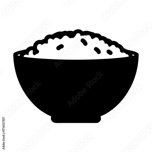 Black and white illustration of a bowl filled with rice staple food