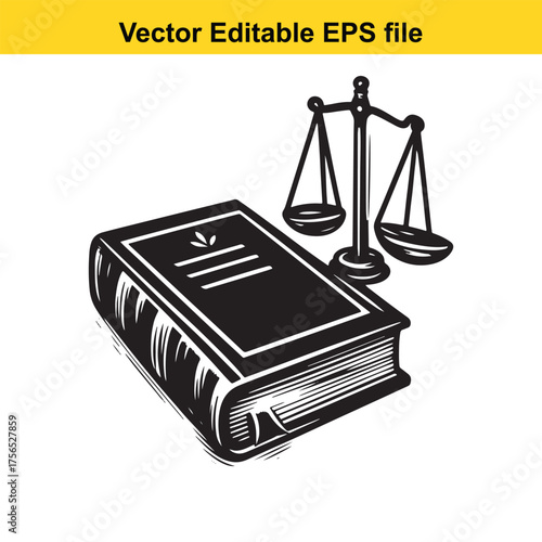 vector art of a classic law book next to a balanced scale of justice, representing legal concepts