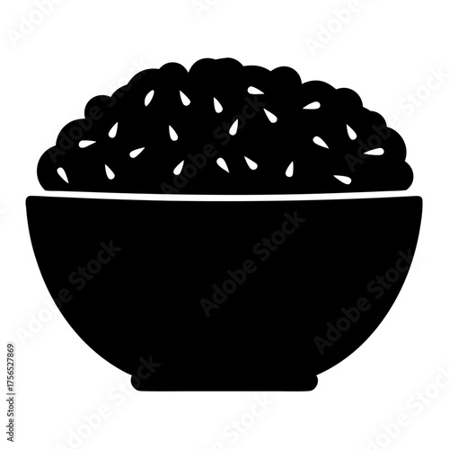 Simple black and white depiction of a bowl full of rice dish