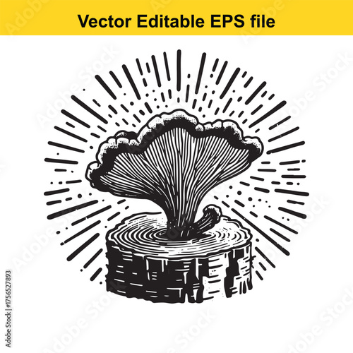 vector art of a detailed illustration of a mushroom growing from a tree stump, with radiating lines