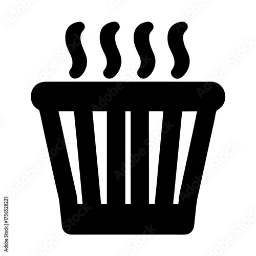 A steaming hot container with vertical slats, conveying food or liquid