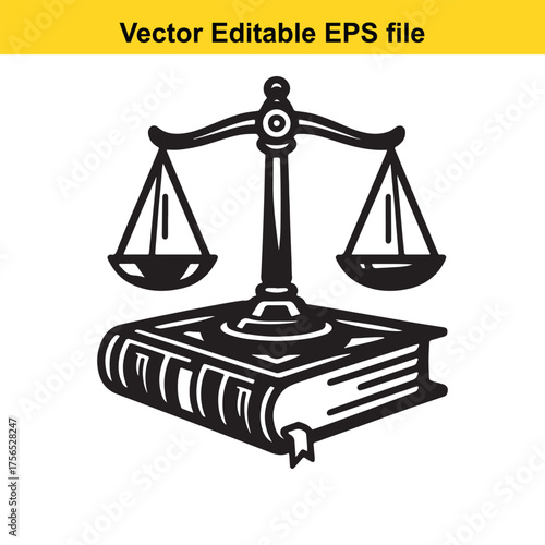 vector art of black and white illustration of scales of justice balanced on a book, representing law and legal concepts