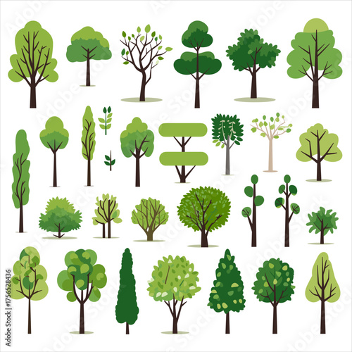 Large set of diverse vector trees and shrubs in various shapes and shades of green. Flat design illustration pack, natural elements, ideal for infographics, isolated on white background