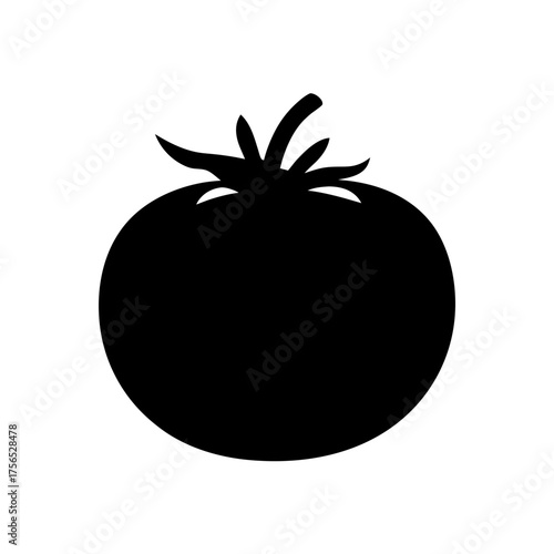 Simple black silhouette of a ripe, round tomato with stem details