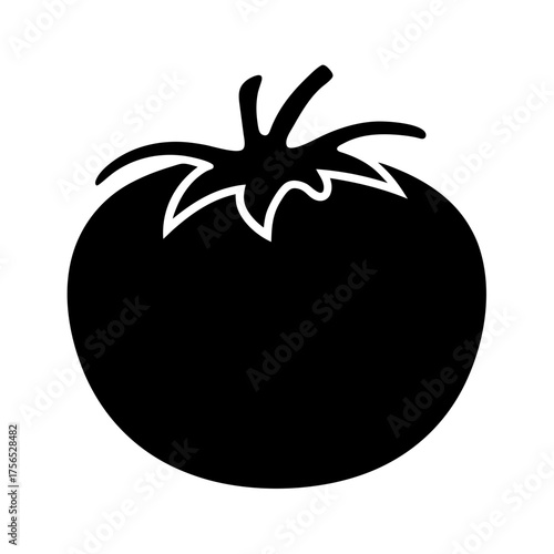 Black silhouette of a ripe tomato with stem and leaves, vector image