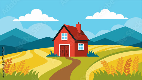 A charming cottage with a red door nestled ast rolling hills and expansive fields of wheat.