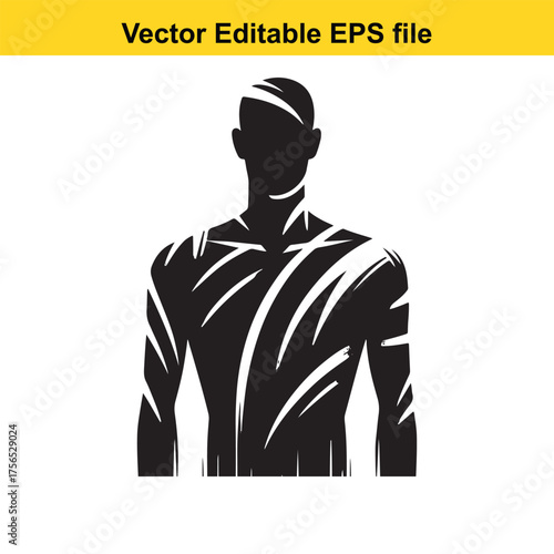 vector art of abstract silhouette of a muscular male torso with dynamic white lines representing energy or muscle definition