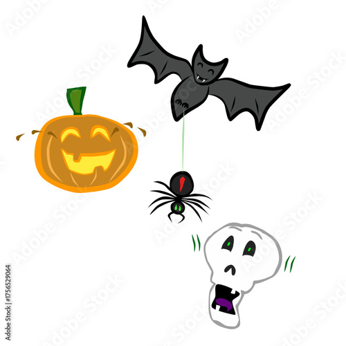 Cute Humorous Halloween Prank Vector Clipart Set - Bat Scares Skull and Pumpkin Laughs