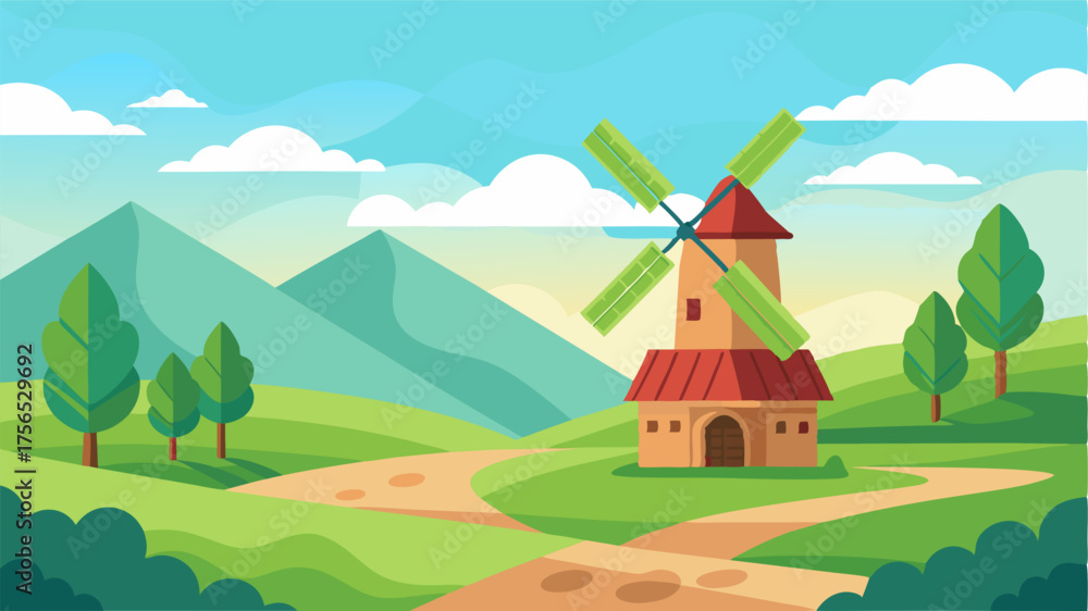 Fototapeta premium A peaceful countryside landscape comes to life with the presence of a towering windmill its blades generating a soft whisper in the air.