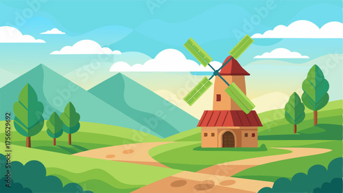 A peaceful countryside landscape comes to life with the presence of a towering windmill its blades generating a soft whisper in the air.