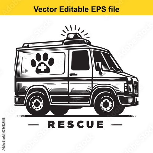 vector art of line art drawing of a rescue vehicle for animals