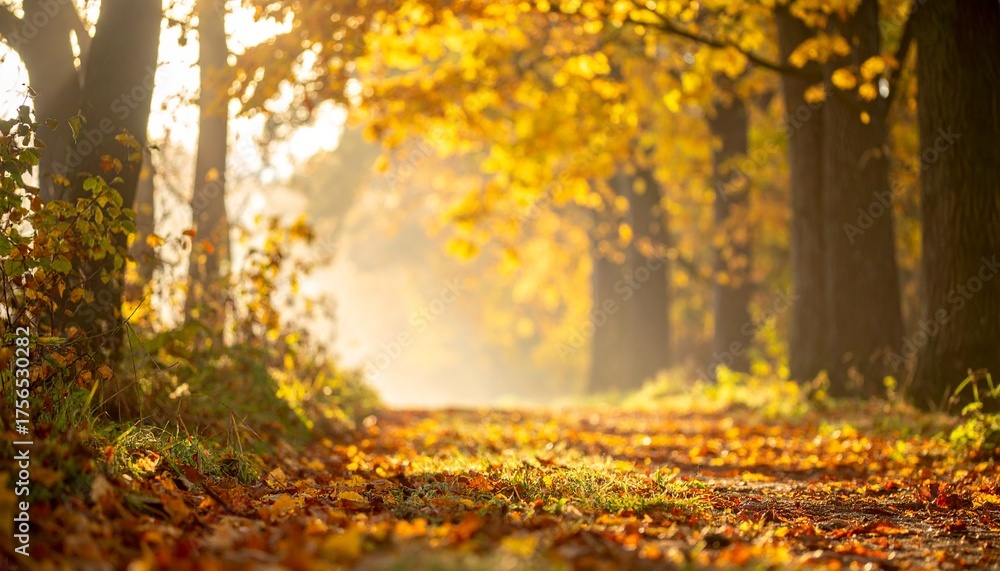 Obraz premium Sunlight filtering through a dense canopy of golden and amber maple leaves 